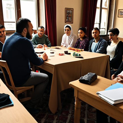 **A diverse group of people participating in an ethics workshop in Istanbul. The scene is interactive, with participants discussing real-life ethical dilemmas related to Turkish culture. The atmosphere is engaging and thought-provoking, emphasizing ethical awareness.**