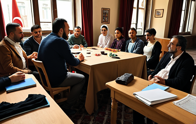 **A diverse group of people participating in an ethics workshop in Istanbul. The scene is interactive, with participants discussing real-life ethical dilemmas related to Turkish culture. The atmosphere is engaging and thought-provoking, emphasizing ethical awareness.**