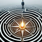 **Prompt 1: Ethical Compass in a Labyrinth of Decisions**
    A professionally dressed individual stands at a crossroads within a complex, abstract corporate or urban labyrinth. They are holding an antique, glowing compass that illuminates a clear, straight path amidst swirling fog and chaotic, diverging routes. The compass face subtly integrates symbols of honesty, transparency, and responsibility. The overall mood is thoughtful and discerning, emphasizing internal guidance through difficult ethical choices in business.