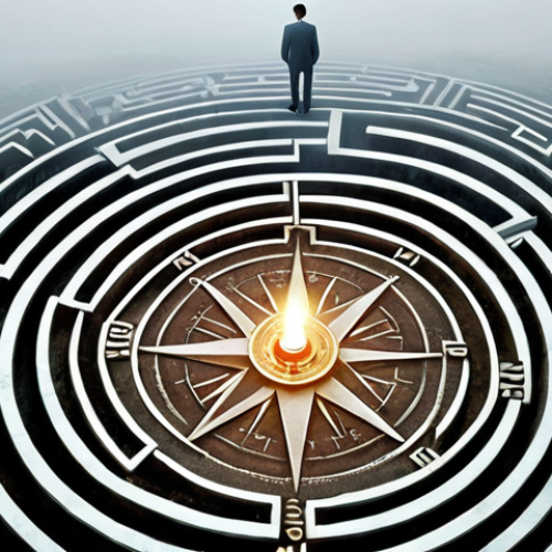 **Prompt 1: Ethical Compass in a Labyrinth of Decisions**
    A professionally dressed individual stands at a crossroads within a complex, abstract corporate or urban labyrinth. They are holding an antique, glowing compass that illuminates a clear, straight path amidst swirling fog and chaotic, diverging routes. The compass face subtly integrates symbols of honesty, transparency, and responsibility. The overall mood is thoughtful and discerning, emphasizing internal guidance through difficult ethical choices in business.