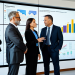 A diverse group of professional business executives in modest business suits and appropriate attire, fully clothed, collaboratively analyzing intricate data visualizations on a large transparent display in a modern, sunlit corporate boardroom. The atmosphere is professional and collaborative, emphasizing strategic discussion around social impact metrics and sustainability initiatives. Professional photography, high resolution, realistic, perfect anatomy, correct proportions, natural body proportions, well-formed hands, proper finger count, natural pose, safe for work, appropriate content, family-friendly.
