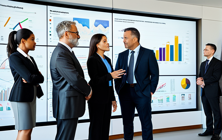 A diverse group of professional business executives in modest business suits and appropriate attire, fully clothed, collaboratively analyzing intricate data visualizations on a large transparent display in a modern, sunlit corporate boardroom. The atmosphere is professional and collaborative, emphasizing strategic discussion around social impact metrics and sustainability initiatives. Professional photography, high resolution, realistic, perfect anatomy, correct proportions, natural body proportions, well-formed hands, proper finger count, natural pose, safe for work, appropriate content, family-friendly.